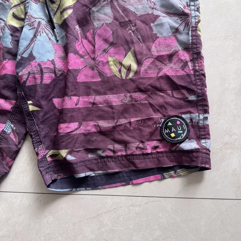 Maui and Sons Men’s Board Shorts Size 34 Floral Swim Trunks Burgundy Purple
